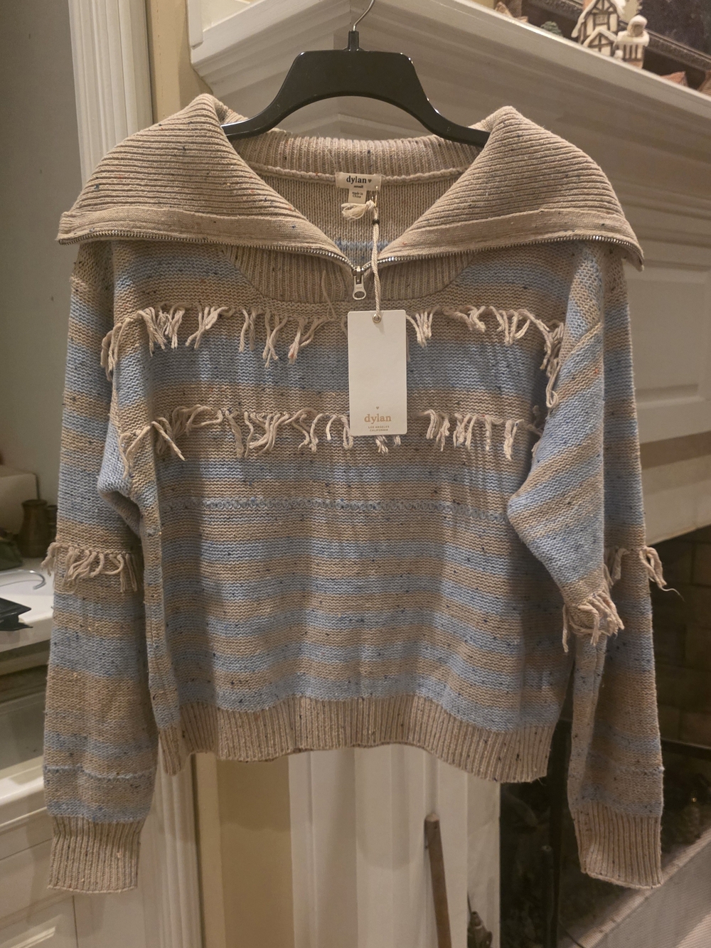 dylan Beige and Light Blue Striped Fringed Half-Zip Sweater